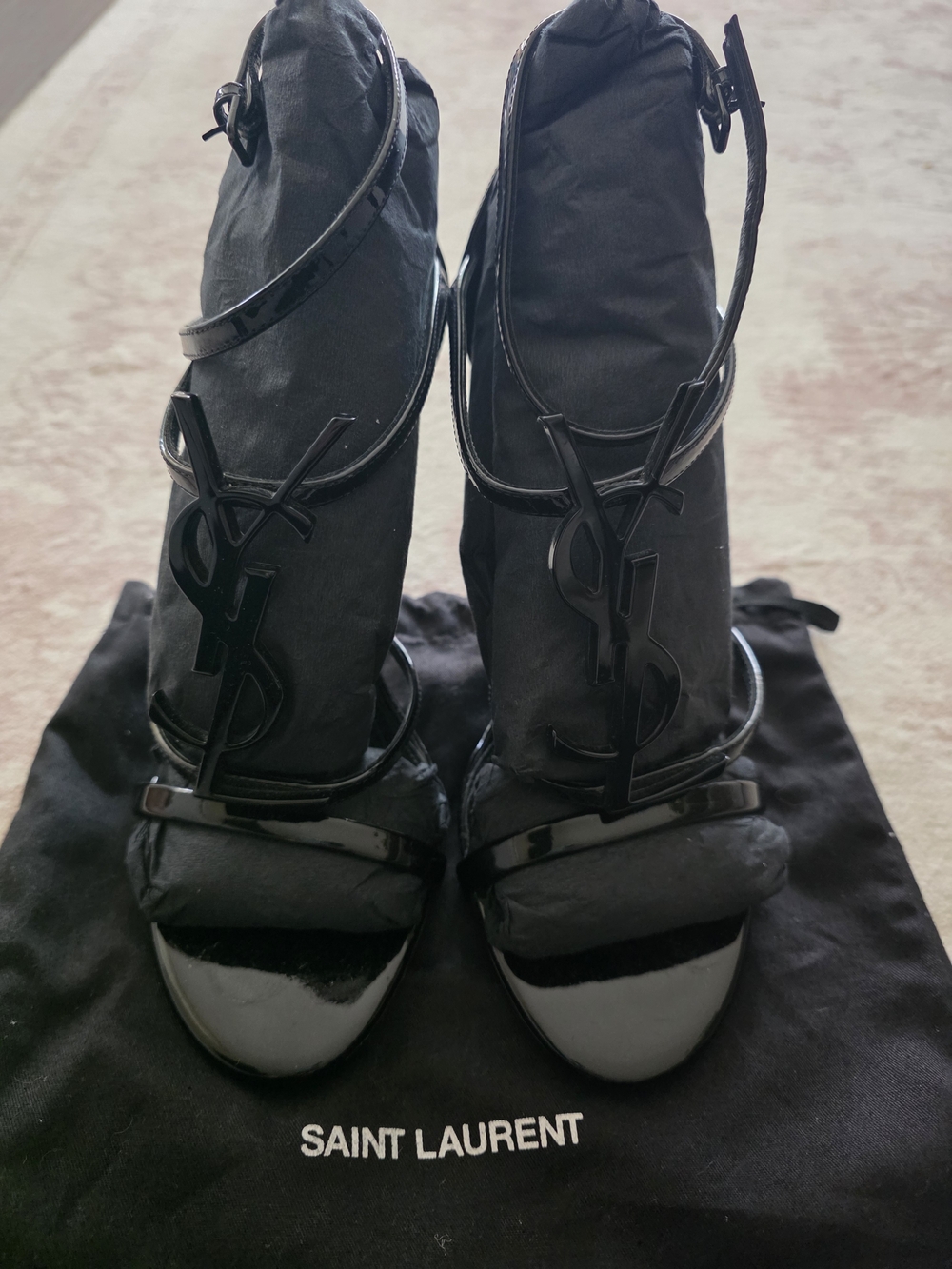 Saint Laurent Black Patent YSL Logo Strappy Heels